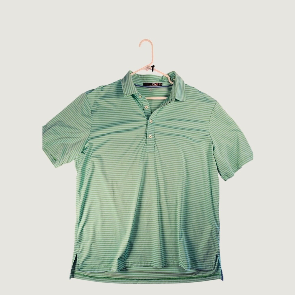 RLX Ralph Lauren Mens XL Green Blue Striped Wicking Performance Polo Shirt
